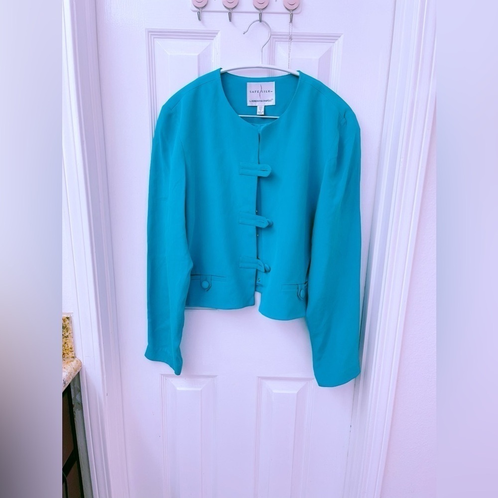 100% silk cardigan‎ Teal Green Silk Long Sleeve Blazer Size 8